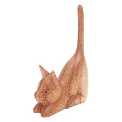 Alternate image for Balinese Hand-Carved Jempinis Wood Sculpture of Brown Cat Stretching Kitten