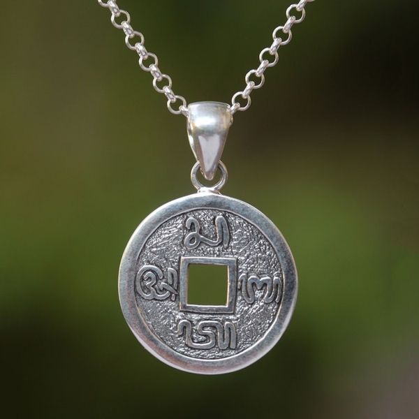 Alternate image for Traditional Coin Sterling Silver Pendant Necklace from Bali Bali Aksara