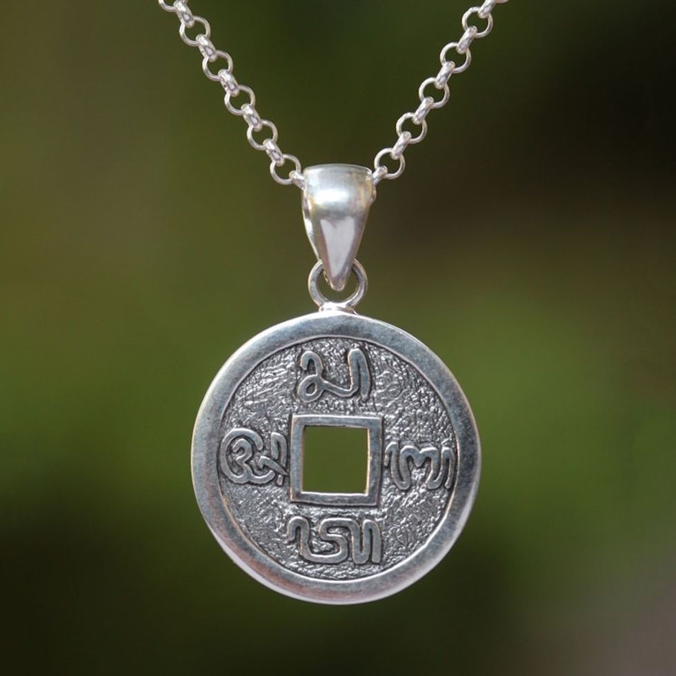Traditional Coin Sterling Silver Pendant Necklace from Bali 'Bali Aksara'