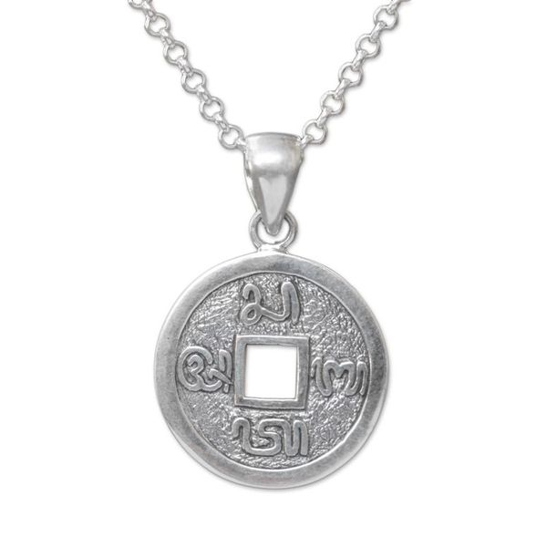 Alternate image for Traditional Coin Sterling Silver Pendant Necklace from Bali Bali Aksara