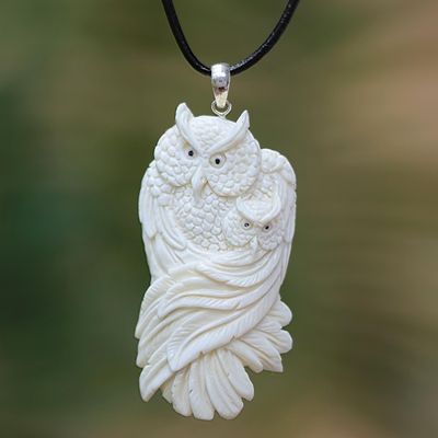 Alternate image for Mother and Child Bone Owl Pendant Necklace from Bali Owl Affection
