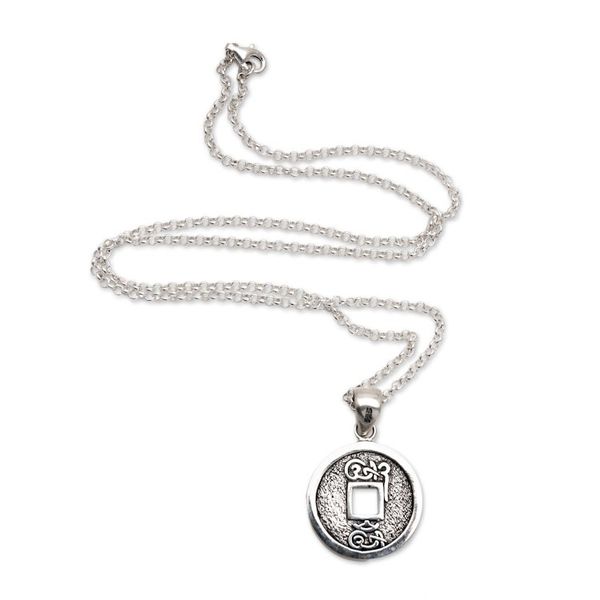 Alternate image for Traditional Coin Sterling Silver Pendant Necklace from Bali Bali Aksara
