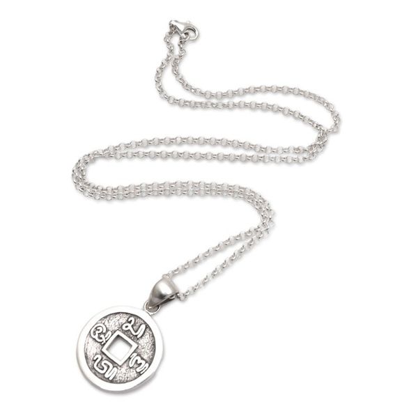 Alternate image for Traditional Coin Sterling Silver Pendant Necklace from Bali Bali Aksara
