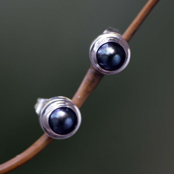 Alternate image for Handmade Gray Pearl Sterling Silver Earrings Eclipsed Moon