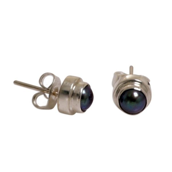 Alternate image for Handmade Gray Pearl Sterling Silver Earrings Eclipsed Moon