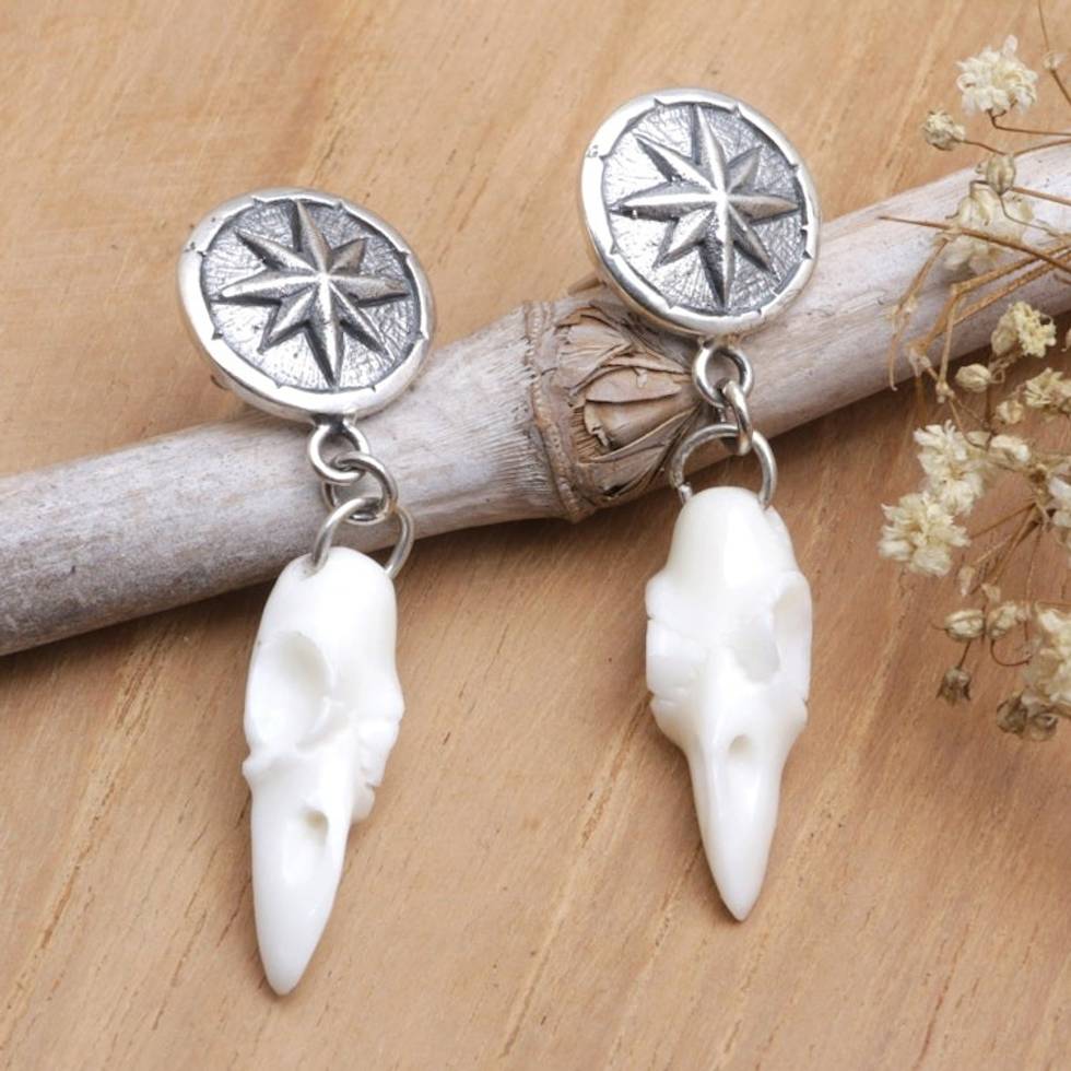 Sterling Silver Compass Dangle Earrings Crafted in Bali 'Mystic Guide'