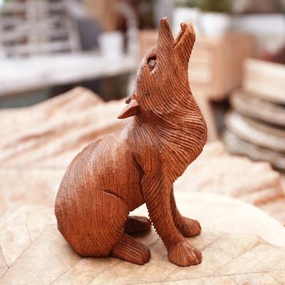 Alternate image for Hand Carved Suar Wood Wolf Statuette Northern Howl