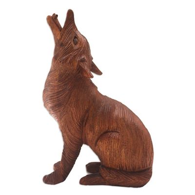 Alternate image for Hand Carved Suar Wood Wolf Statuette Northern Howl