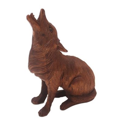 Alternate image for Hand Carved Suar Wood Wolf Statuette Northern Howl
