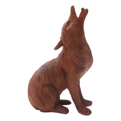Alternate image for Hand Carved Suar Wood Wolf Statuette Northern Howl