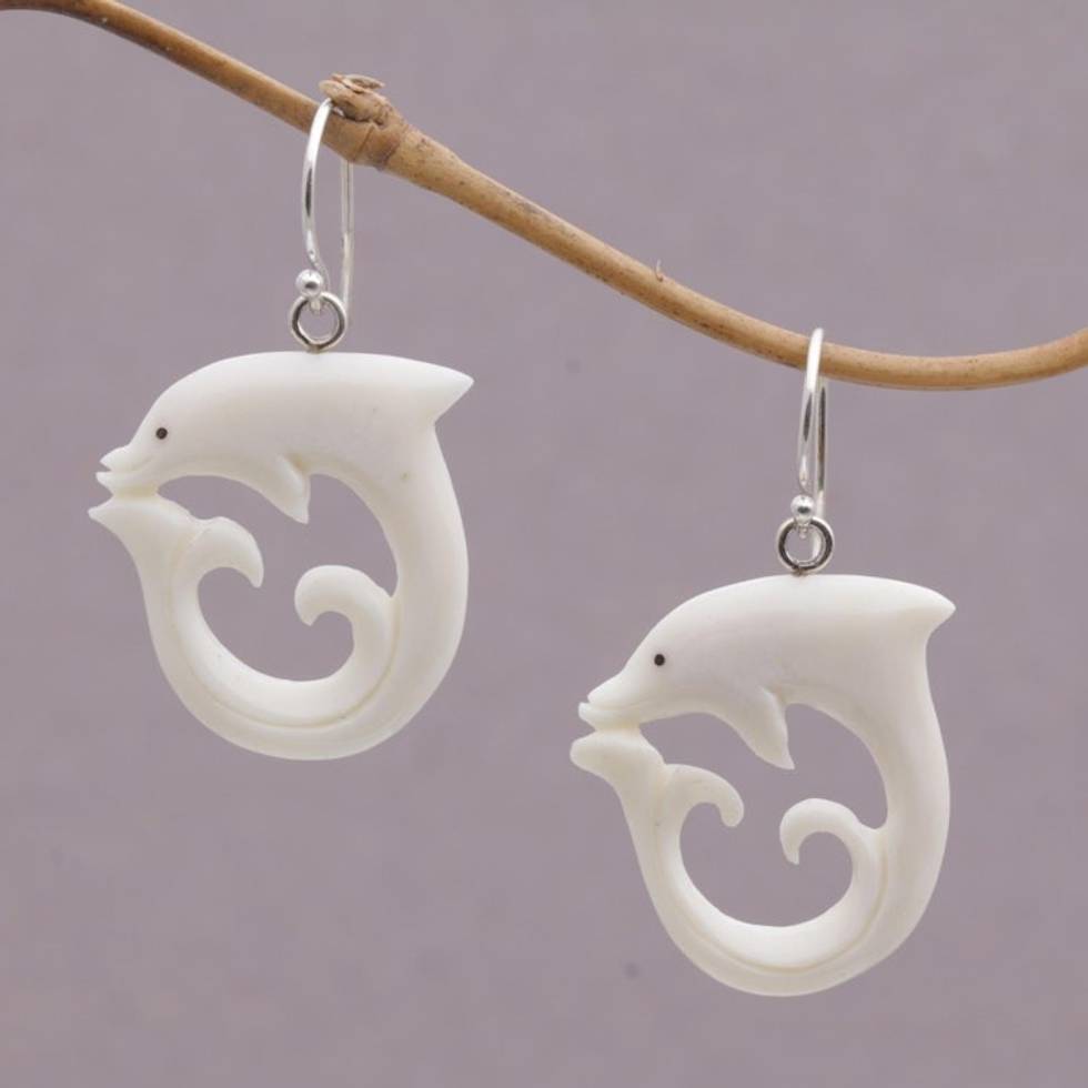Handcrafted Bone Dolphin Dangle Earrings from Bali 'Dolphin Swirl'