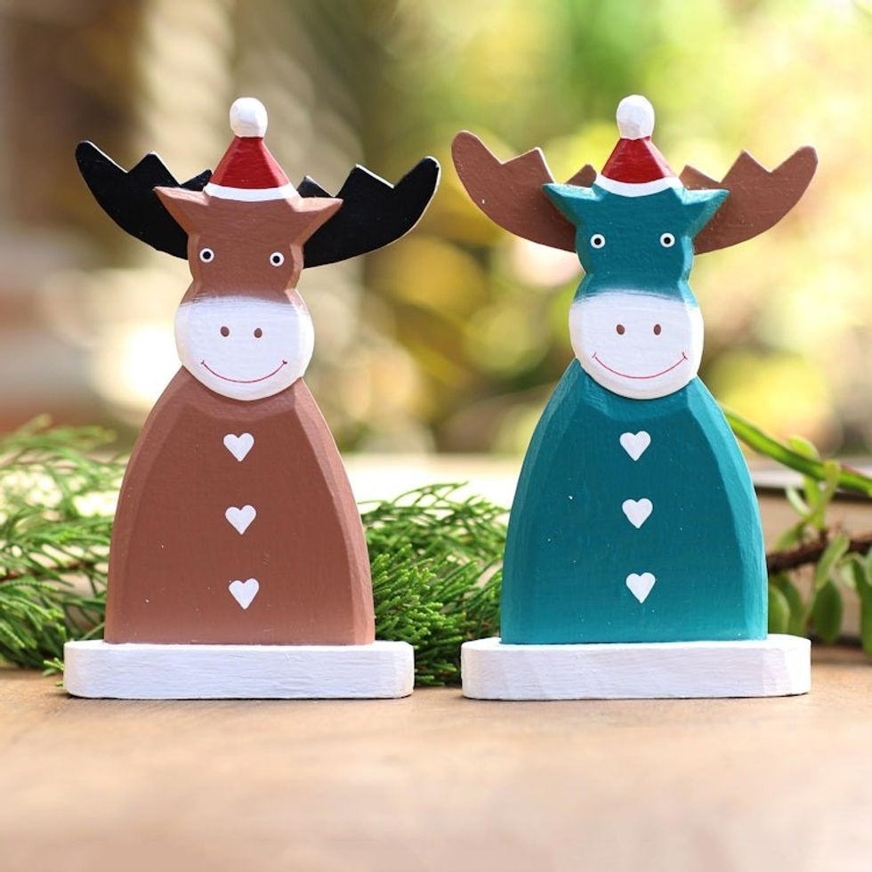 Hand Painted Holiday Reindeer Statuettes Pair 'Smiling Reindeer'
