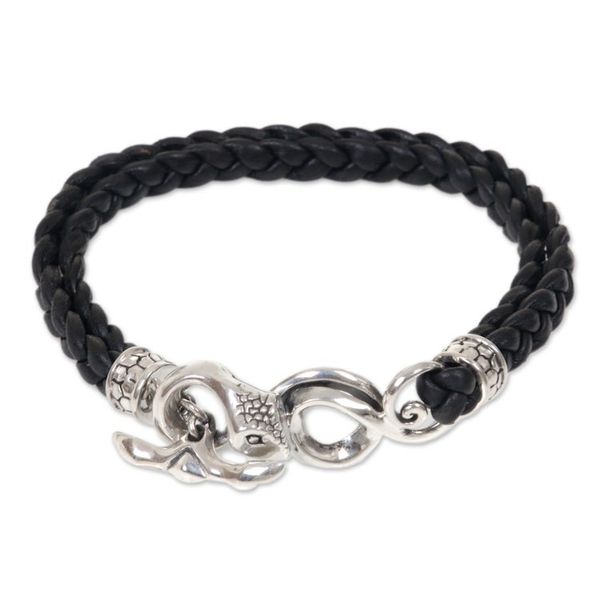 Alternate image for Mens Leather and Sterling Silver Snake Bracelet Cobra