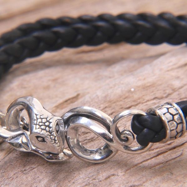 Alternate image for Mens Leather and Sterling Silver Snake Bracelet Cobra