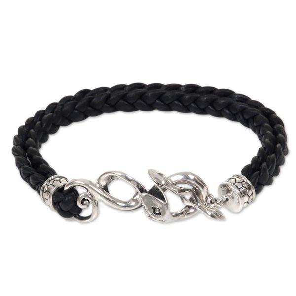 Alternate image for Mens Leather and Sterling Silver Snake Bracelet Cobra