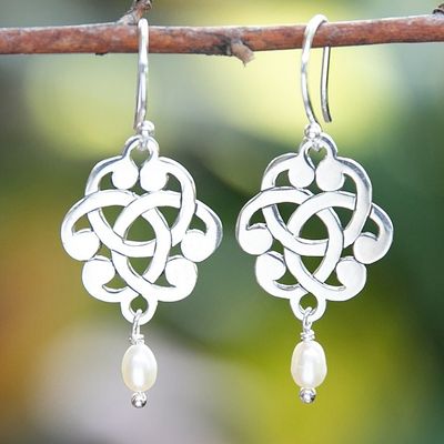 Alternate image for Celtic Sterling Silver Dangle Earrings with Cultured Pearls Triquetra Blooms
