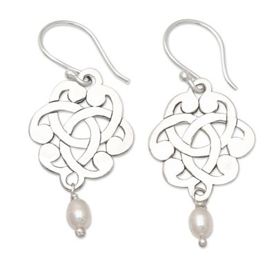 Alternate image for Celtic Sterling Silver Dangle Earrings with Cultured Pearls Triquetra Blooms