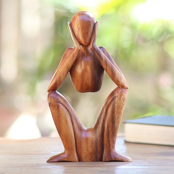 Alternate image for Natural Suar Wood Sculpture of Bored Figure Boredom