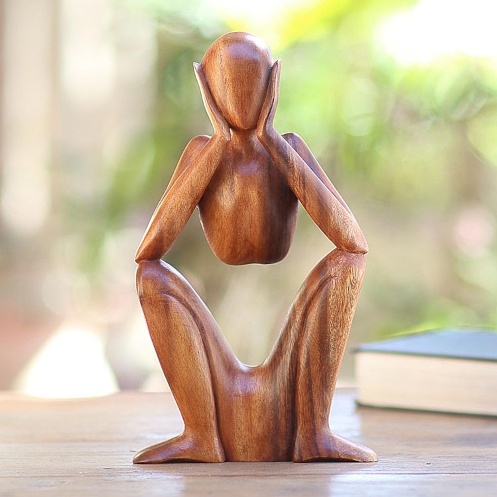 Natural Suar Wood Sculpture of Bored Figure 'Boredom'