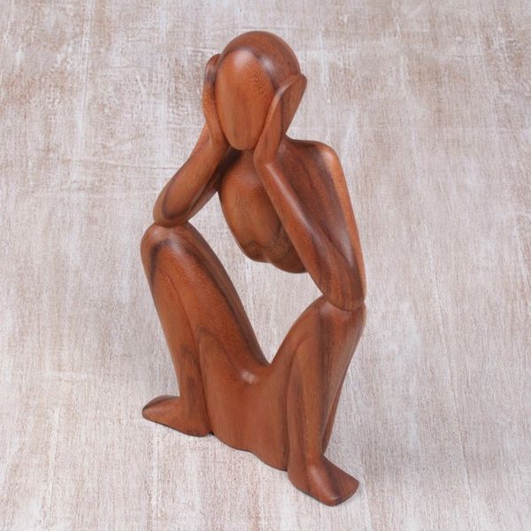 Alternate image for Natural Suar Wood Sculpture of Bored Figure Boredom