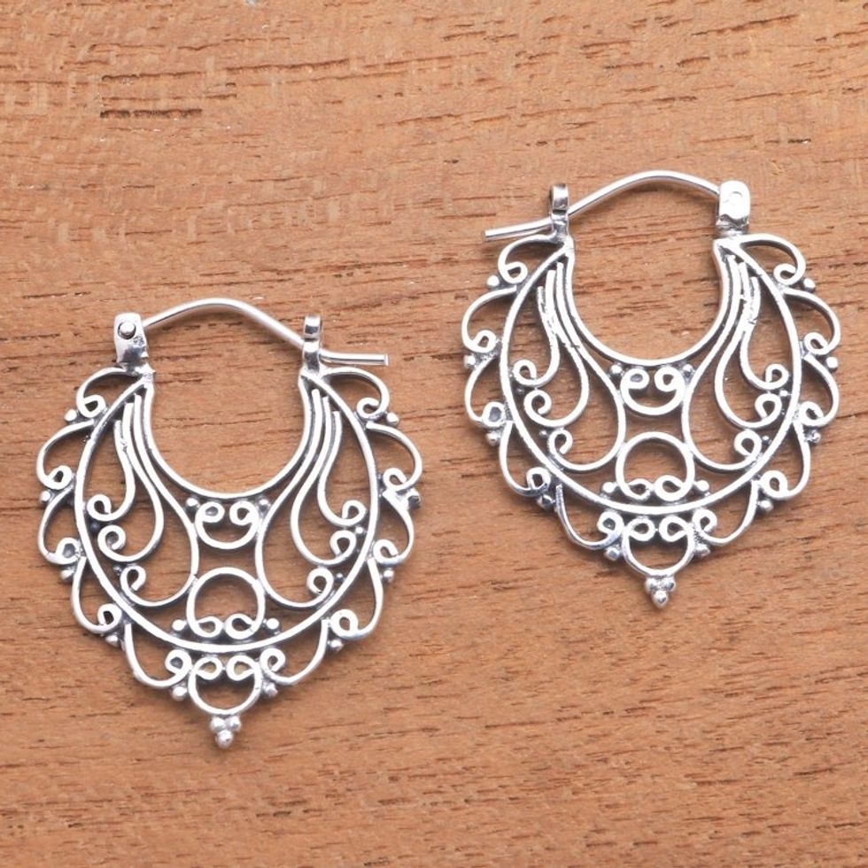 Swirl Pattern Sterling Silver Hoop Earrings from Bali 'Always Charming'