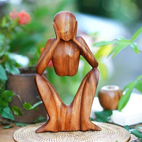 Alternate image for Natural Suar Wood Sculpture of Bored Figure Boredom