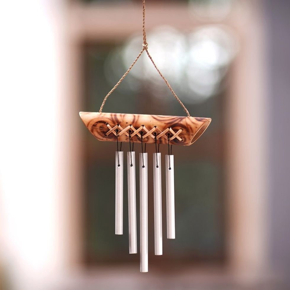 Balinese Handmade Bamboo Aluminum Mini Wind Chimes in Brown 'Weaving The Tones'