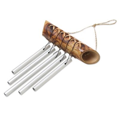 Alternate image for Balinese Handmade Bamboo Aluminum Mini Wind Chimes in Brown Weaving The Tones