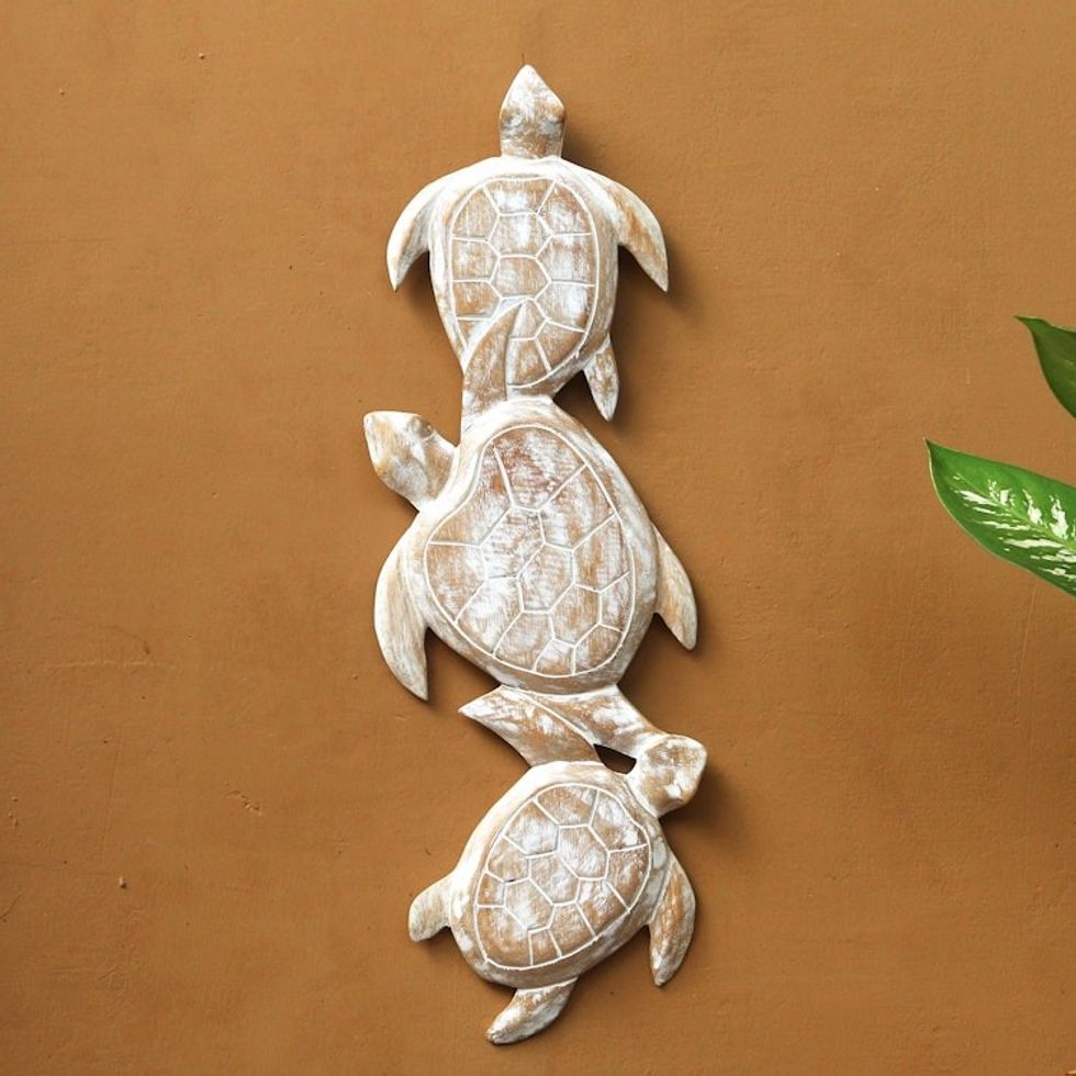 Antiqued White Wood Turtle Theme Relief Panel Carving 'Sea Turtle Trio'