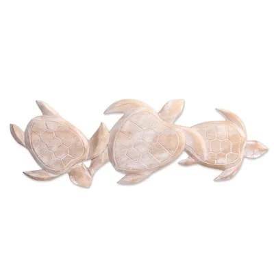 Alternate image for Antiqued White Wood Turtle Theme Relief Panel Carving Sea Turtle Trio