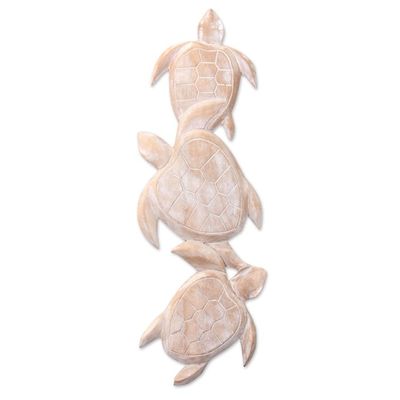 Alternate image for Antiqued White Wood Turtle Theme Relief Panel Carving Sea Turtle Trio