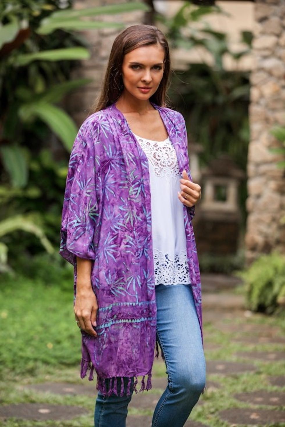 Leaf Motif Batik Rayon Kimono Jacket in Wisteria from Bali 'Denpasar Lady in Wisteria'