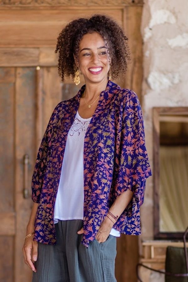 Alternate image for Batik Kimono Jacket in Blue Purple  Brown with Leaf Motifs Kintamani