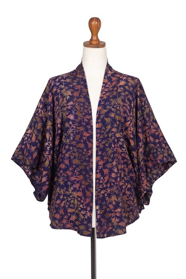 Alternate image for Batik Kimono Jacket in Blue Purple  Brown with Leaf Motifs Kintamani