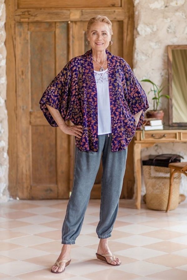 Alternate image for Batik Kimono Jacket in Blue Purple  Brown with Leaf Motifs Kintamani