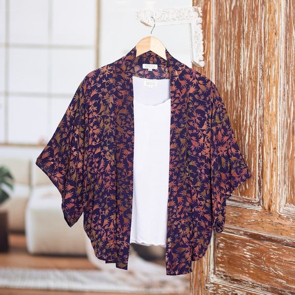 Alternate image for Batik Kimono Jacket in Blue Purple  Brown with Leaf Motifs Kintamani