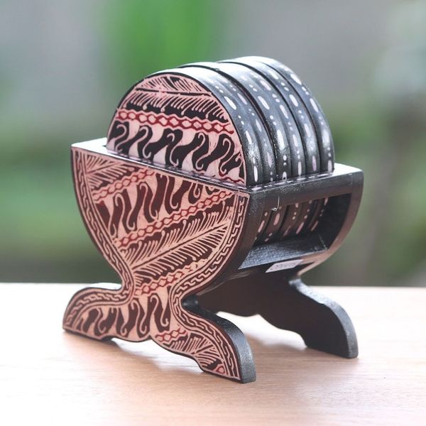 Alternate image for Black and Cream Wood Batik Coasters and Holder Set of 6 Parang
