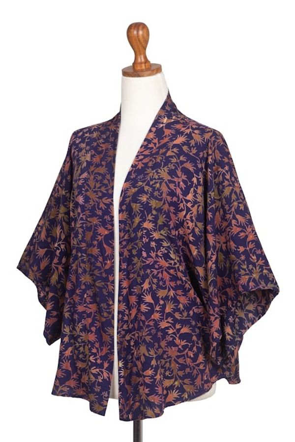 Alternate image for Batik Kimono Jacket in Blue Purple  Brown with Leaf Motifs Kintamani