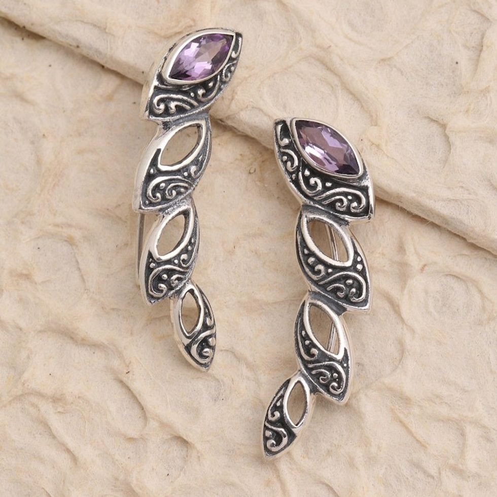 Handmade Sterling Silver and Amethyst Climbing Earrings 'Climbing Marquise in Purple'