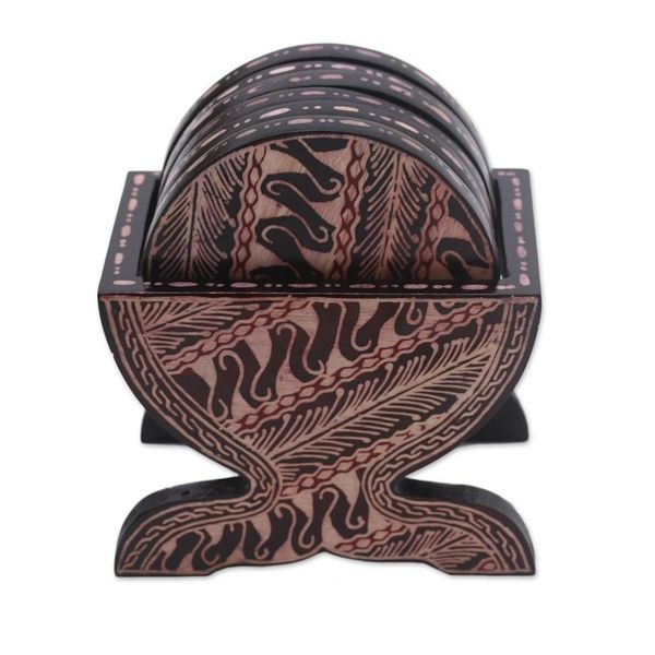 Alternate image for Black and Cream Wood Batik Coasters and Holder Set of 6 Parang