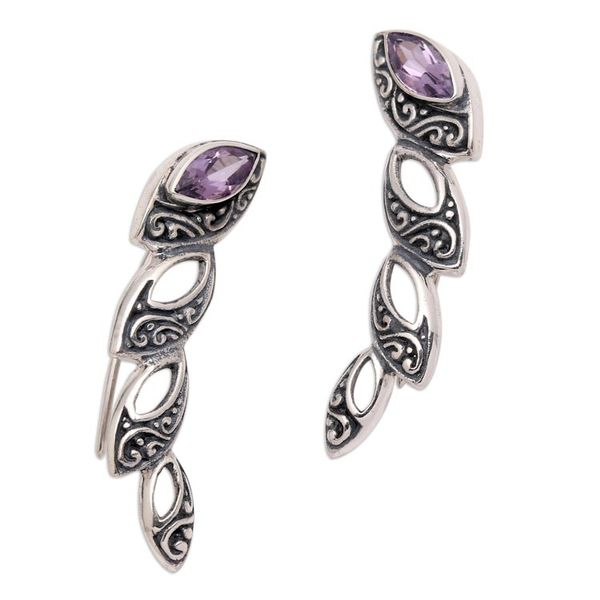 Alternate image for Handmade Sterling Silver and Amethyst Climbing Earrings Climbing Marquise in Purple