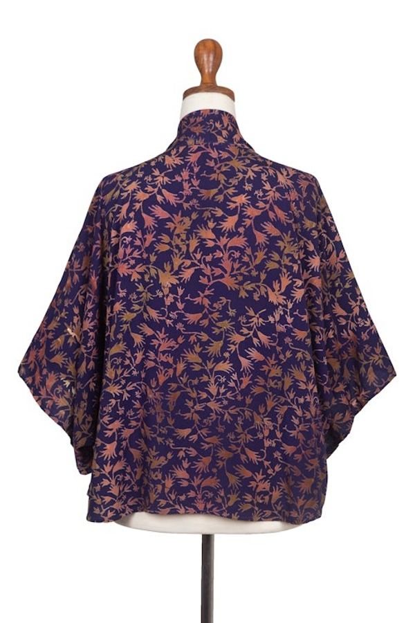 Alternate image for Batik Kimono Jacket in Blue Purple  Brown with Leaf Motifs Kintamani