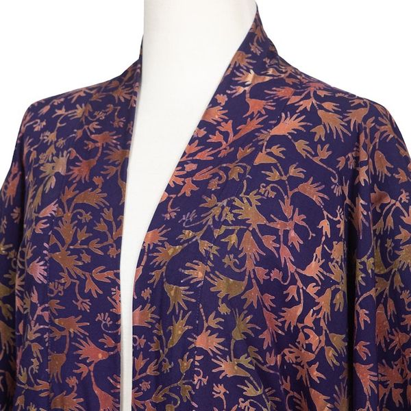 Alternate image for Batik Kimono Jacket in Blue Purple  Brown with Leaf Motifs Kintamani