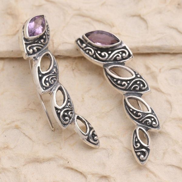 Alternate image for Handmade Sterling Silver and Amethyst Climbing Earrings Climbing Marquise in Purple
