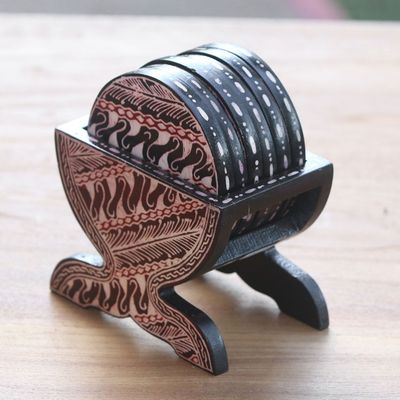 Alternate image for Black and Cream Wood Batik Coasters and Holder Set of 6 Parang
