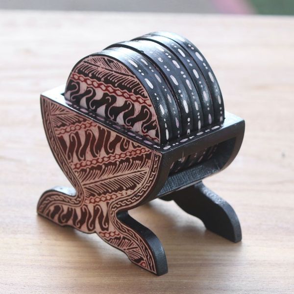 Alternate image for Black and Cream Wood Batik Coasters and Holder Set of 6 Parang