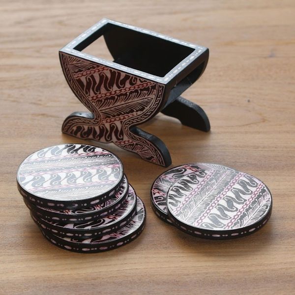 Alternate image for Black and Cream Wood Batik Coasters and Holder Set of 6 Parang