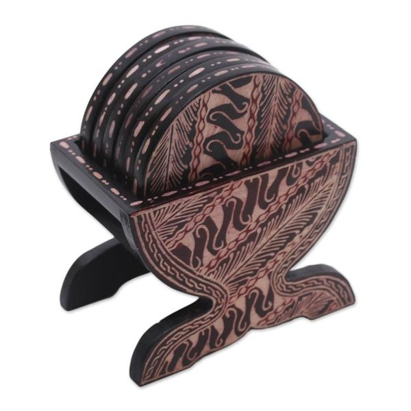Alternate image for Black and Cream Wood Batik Coasters and Holder Set of 6 Parang