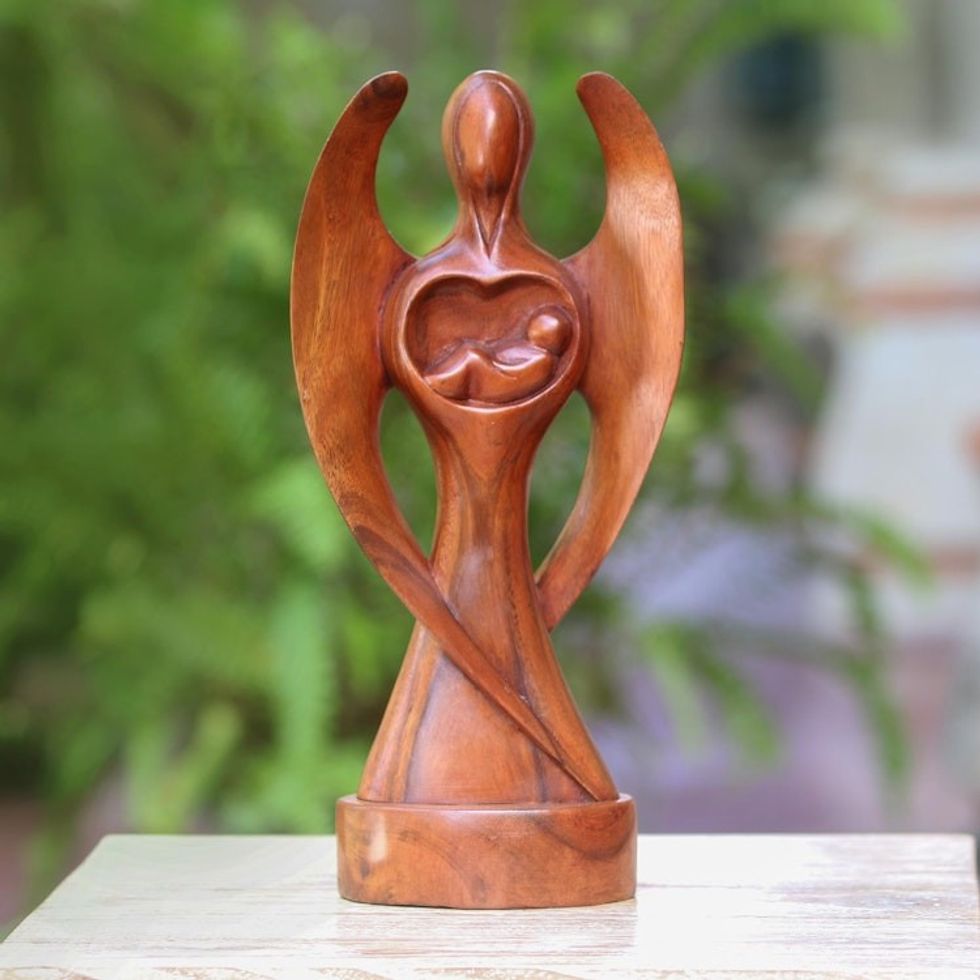 Hand-Carved Suar Wood Baby Guardian Angel Sculpture 'Baby Guardian'