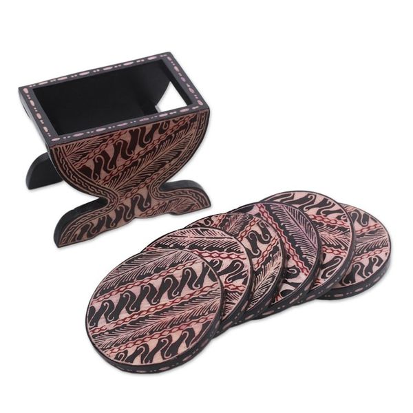 Alternate image for Black and Cream Wood Batik Coasters and Holder Set of 6 Parang